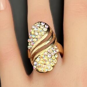 Yellow Gold with White AB Crystal Art Deco Vintage Style Statement Ring Size 8